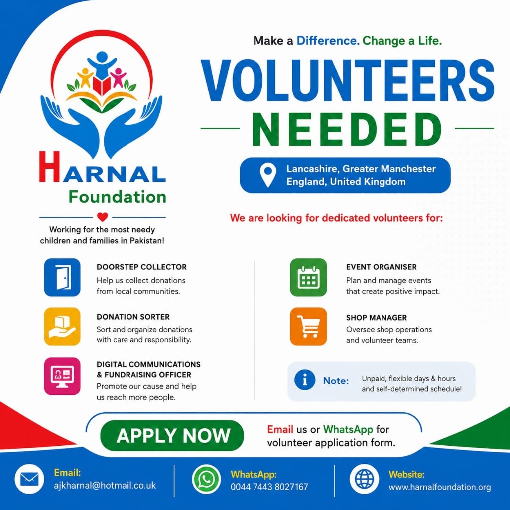 Harnal Foundation volunteer recruitment flyer — volunteers needed across Lancashire and Greater Manchester